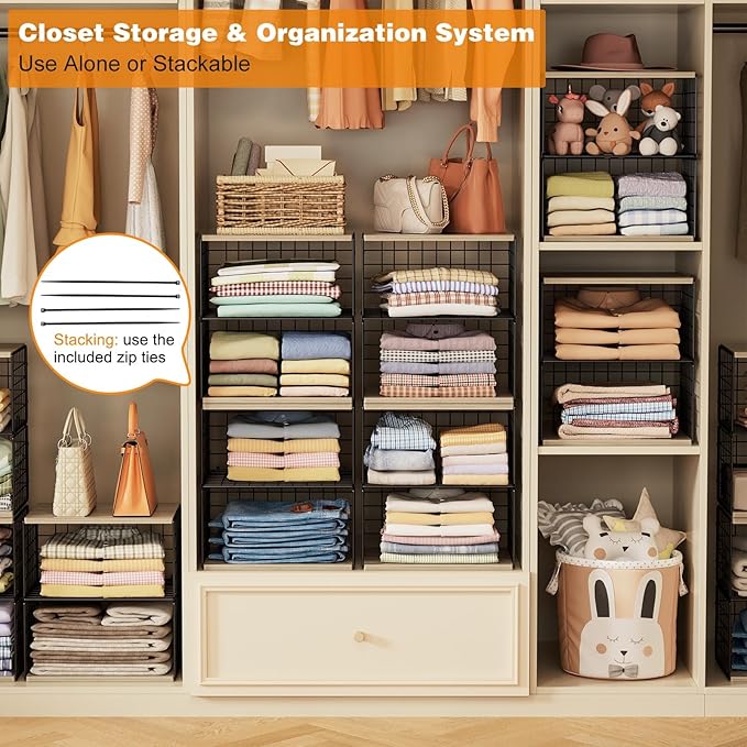 2 Pack Extra-Long, Low-Profile Closet Organizers and Storage with Wood Top, 4 Tier Stackable Closet Shelf Organizer, Space-Saving Clothes Storage Bin for Wardrobe & Small Spaces, Sturdy (Black)