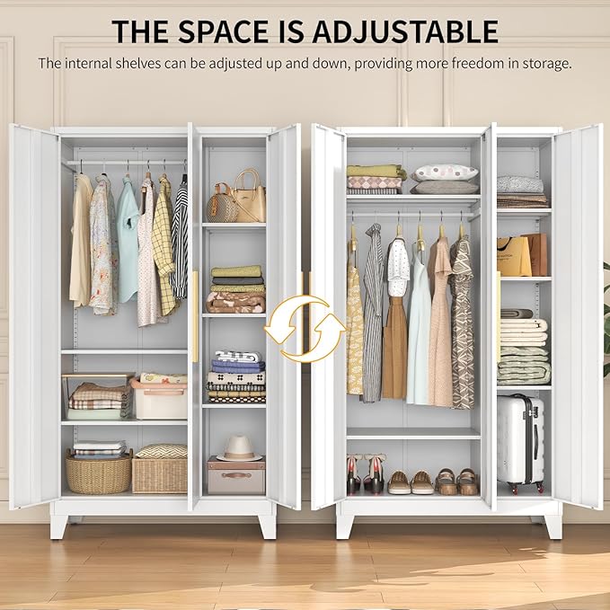 75.3" Tall Metal Wardrobe Closet - Large Clothing Storage Cabinet with 2 Doors, 5 Adjustable Shelves & 1 Hanging Rod - Closet Organizer for Bedroom, Office, Laundry Room, Garage - White