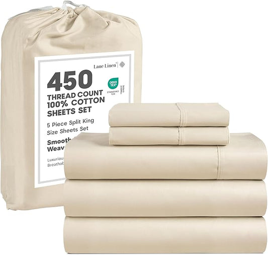 LANE LINEN 100% Mercerized Cotton 450 Thread Count 5 Pc Split King Sheet Set, Luxury Sateen Weave, Machine Washable, Fade Resistant Split King Sheets for Adjustable Bed, Machine Washable - Ivory