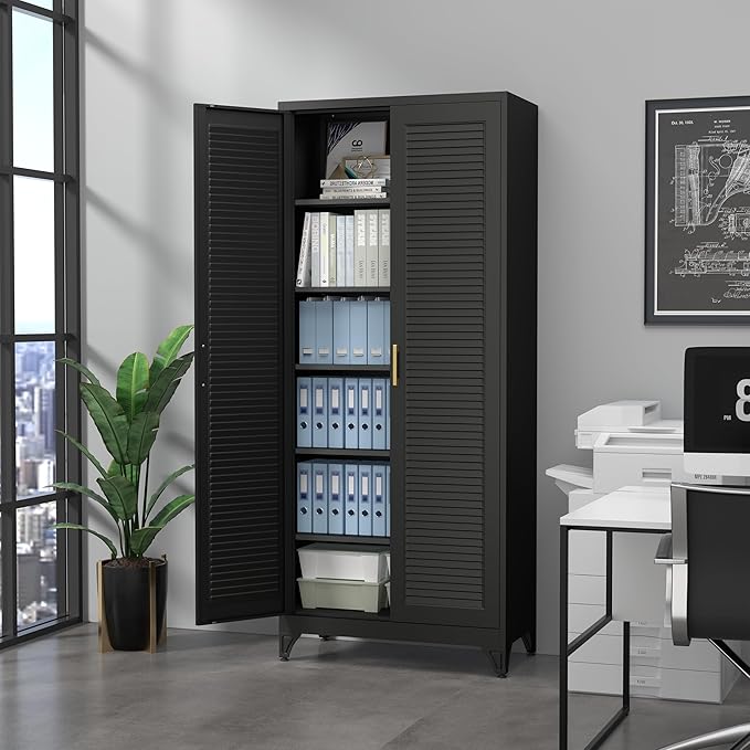 SteeLoong Kitchen Pantry Cabinet,75" Metal Storage Cabinet with Doors and 5 Adjustable Shelves,Black Tall Locker Organizer Steel Garage Cabinets for Tool,File Cabinet for Office,Kitchen,Garage,School