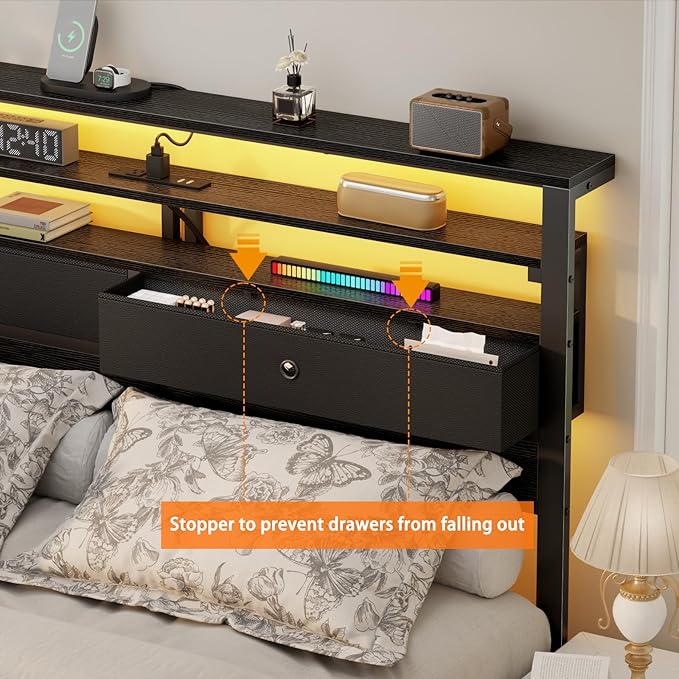 Furnulem Queen Bed Frame with Headboard, 3-Tier Storage Shelves & 2 Fabric Drawers, Built-in Charging Station & RGB LED Lights, Metal Slat Support, No Box Spring Needed, Easy Assembly, Black Oak