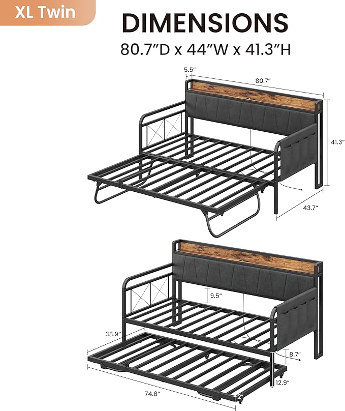 LIKIMIO Twin XL Daybed, Day Bed with Trundle, Storage Upholstered Headboard and Charging Station, Trundle Bed with Strong Supports for Living Room, Bedroom, and Guest Room, Grey
