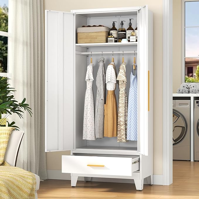 72" Tall Metal Wardrobe Closet - Large Clothing Storage Cabinet with 1 Hanging Rod, 1 Adjustable Shelve, 1 Drawer & Mirror Doors - Closet Organizer for Bedroom, Office, Laundry Room, Garage - White