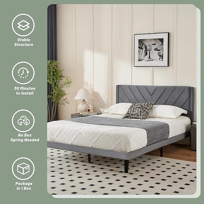 Full Bed Frame with Headboard, Bed Frame Full Size with Sturdy Wooden Slats Support, Platform Bed Frame with Velvet Upholstered Headboard, Mattress Foundation, Easy Assembly, No Box Spring Needed