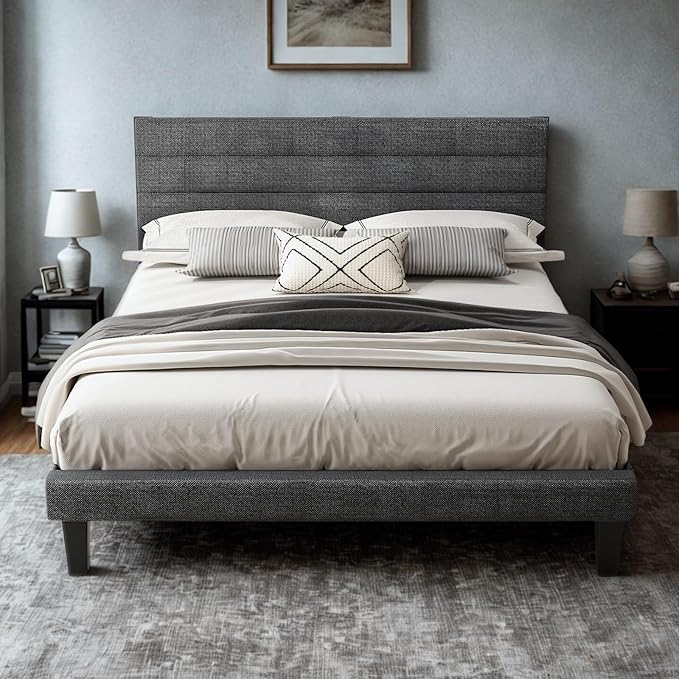 VINGLI Platform Bed Frame Queen Size with Linen Fabric Headboard,Modern Panel Low Profile Bed with Upholstered & Sturdy Slats Support for Bedroom, Mattress Foundation, Dark Gray