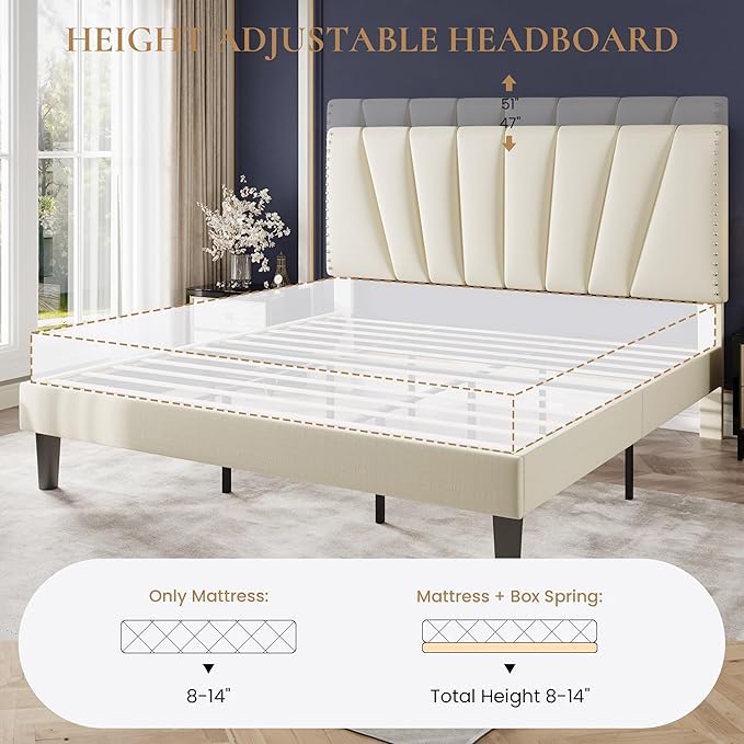 SHA CERLIN King Size Bed Frame with Adjustable Upholstered Velvet Rivets Headboard, Sturdy Wooden Slats, Strong Platform Support for Mattress, No Box Spring Needed, Easy Assembly, Cream