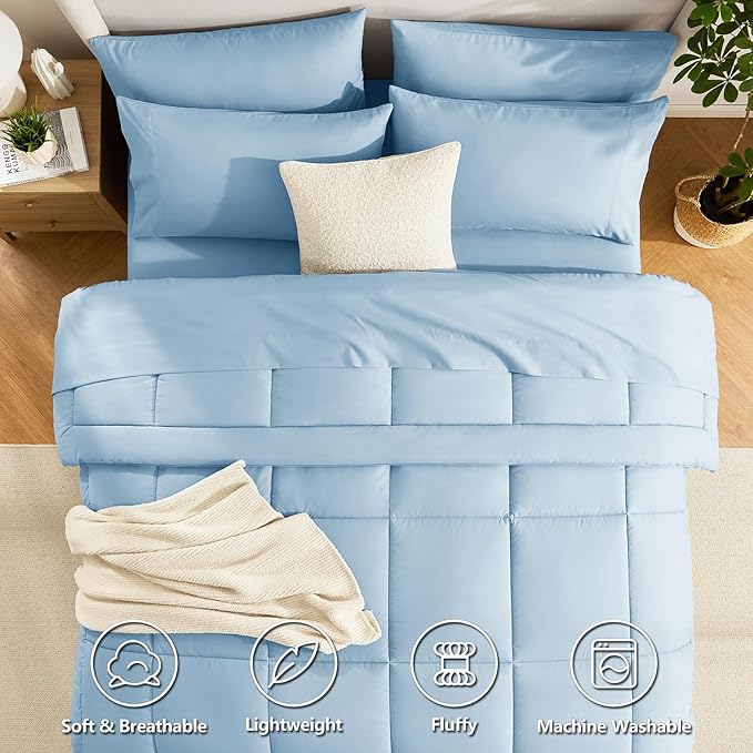 CozyLux Twin XL Comforter Set Baby Blue, 5 Pieces Twin Extra Long Bed in a Bag for College Dorm, All Season Bedding Set with Stitch Quilted Comforter, Flat Sheet, Fitted Sheet, Pillowcases