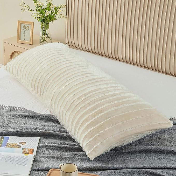 BEDELITE Body Pillow Cover with Zipper Closure, Decorative Boho Fleece Pillowcase 20 x 54 Inches, Luxury Fluffy Plush Long Body Pillow Pillowcase for All Seasons(Beige-Boho)