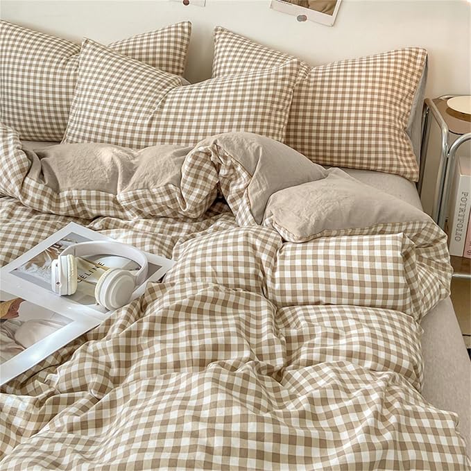 Nayoroom Gingham Duvet Cover Queen Size Brown Tan Plaid Checkered Comforter Cover 3 Pieces Soft Lightweight Washed Microfiber Farmhouse Grid Dorm Bedding Set with Pillowcases
