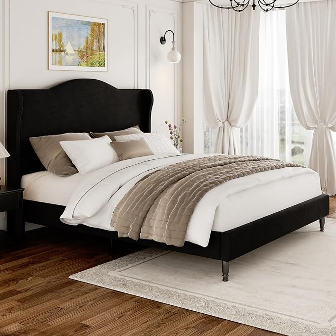 Queen Size Bed Frame with Wingback Headboard, Upholstered Velvet Platform Bed Frame Easy Assemnly, Heavy Duty Wooden Slats Support, Noise-Free, No Box Spring Needed, Minimalist Style, Black