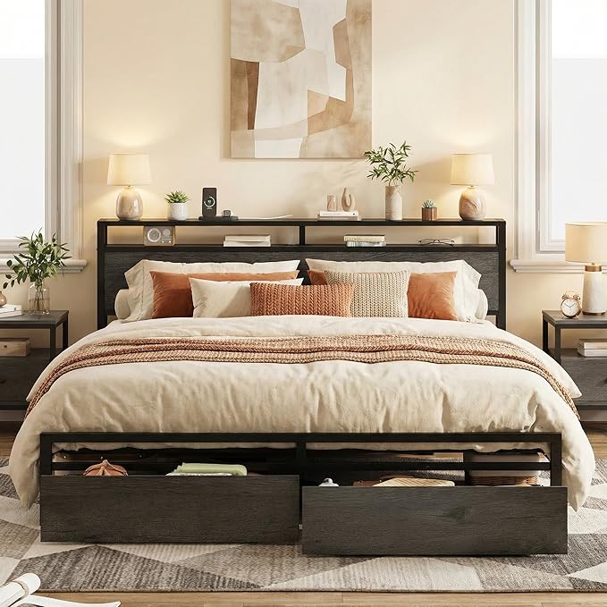 LIKIMIO King Bed Frame with Storage Headboard, Platform Bed with Drawers and Charging Station, No Box Spring Needed, Easy Assembly, Charcoal Grey