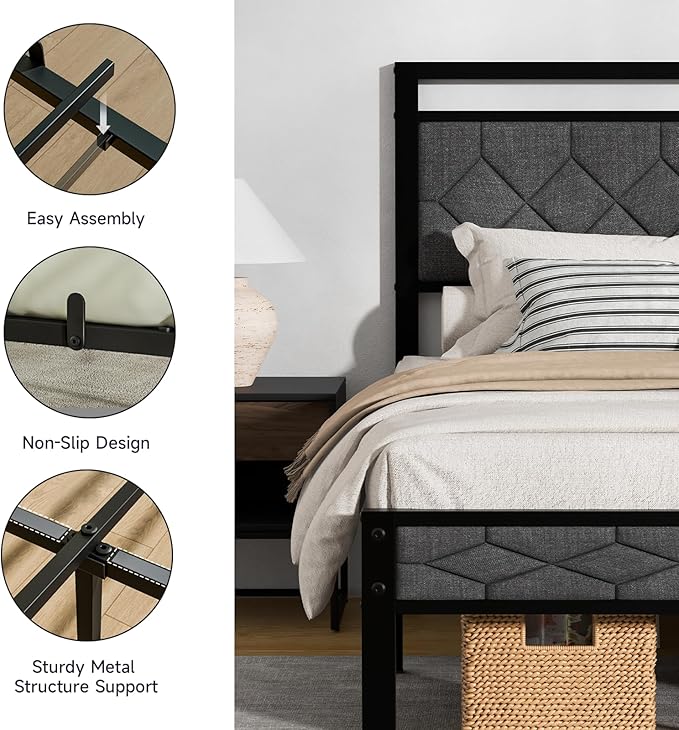 Z-hom Easy Assembly Upholstered Platform Bed Frame with Soft Padded Headboard, Modern Linen Fabric Mattress Foundation, No Box Spring Needed, Noise-Free & Sturdy Metal Support, Queen Size (Grey)