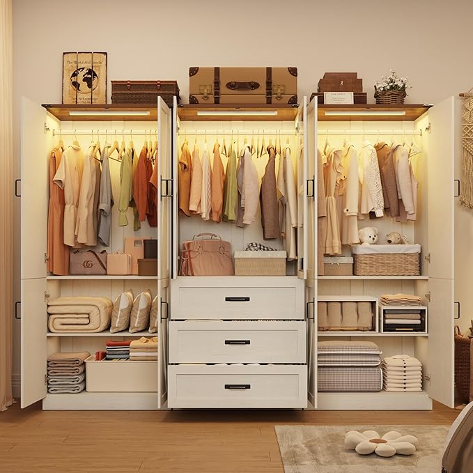 75" Tall Farmhouse 6 Doors Armoire Wardrobe Closet with 3 Drawers and LED,Freestanding Closet Wardrobe Cabinet for Bedroom with Hanging Rod,Wooden Armoire Storage Cabinet(Rustic Off White 6 Doors 1)