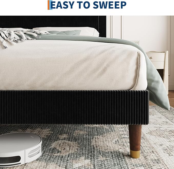 GarveeHome Twin Size Bed Frame with Upholstered Headboard and Strong Wooden Slats Support, Soft Corduroy Fabric Platform Bed, No Boxing Spring Needed, Easy Assembly, Black