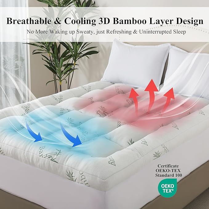 ELNIDO QUEEN® 3 Inch Memory Foam Mattress Topper Full Size - Cooling Breathable Bamboo Viscose Pillow Top for Hot Sleepers, 1700 GSM Fill, Ultra Soft Mattress Pad for Back Pain Relief, 3"x54"x75"