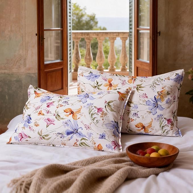 CHUFFED 100% French Linen Pillow Cases Pastel Bloom Print, Farmhouse Floral Stone Washed Pillow Shams with Envelope Closure Soft Breathable Vintage Pillow Covers for Decor,20x30 inches