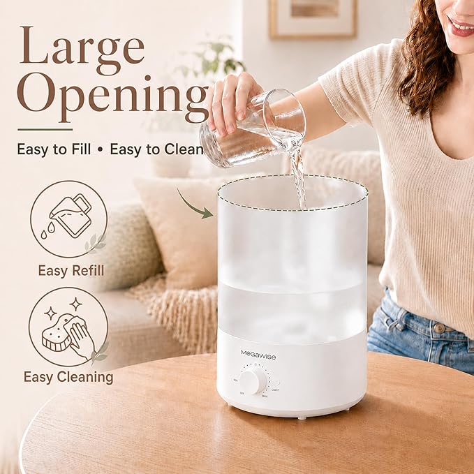 MEGAWISE 3.5L Cool Mist Humidifier with Top Refill, Large Capacity of 3.5L, Easy Safe and Convenient for Home + 7 Night light Colors