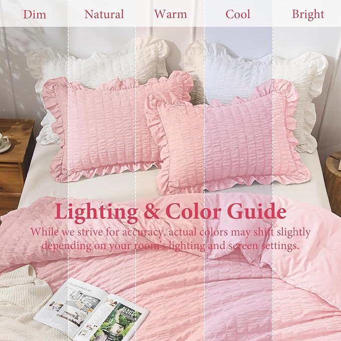JOLLYVOGUE Pink Seersucker King Comforter Set, 3 Pieces Bed in a Bag Comforter Set, Lightweight & Fluffy Bedding Sets King for All Season with 1 Ruffle Comforter and 2 Ruffle Pillowshams