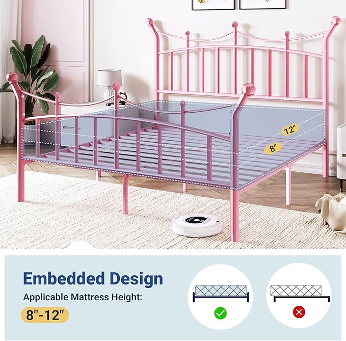 Allewie 14 Inches Full Size Metal Platform Bed Frame with Elegant Crown Iron-Art Headboard & Footboard, Sturdy Mattress Foundation with Under-Bed Storage, Easy Assembly, No Box Spring Needed, Pink
