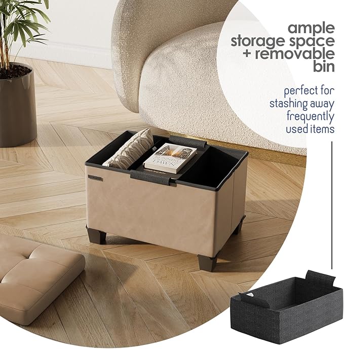 Storage Ottoman Cube with Small Bin, 16-in Square Ottoman with Storage for Living Room and Bedroom, Small Ottomans Foot Rest, Leather Foot Stools Ottomans Max 330lbs, Taupe