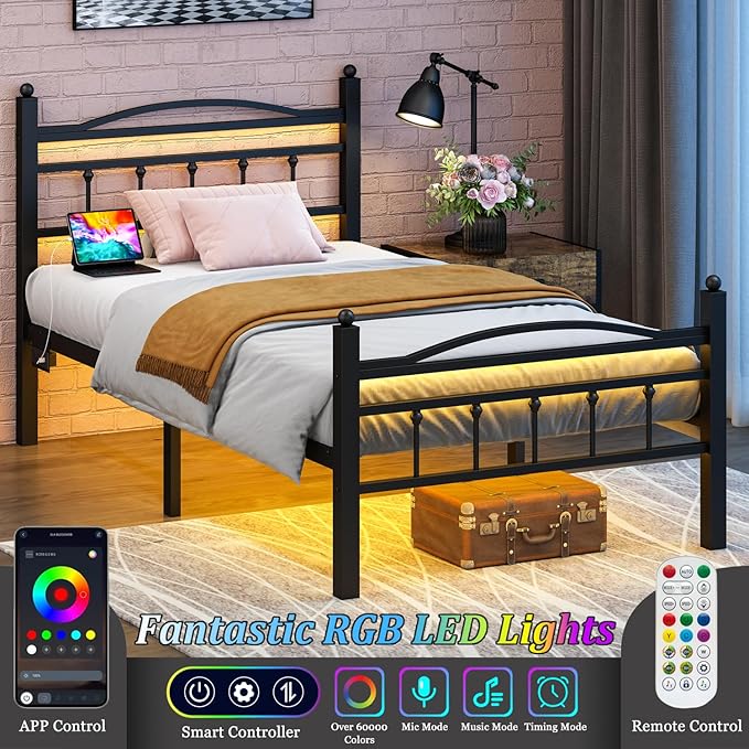 Jenmit Twin Bed Frames with Headboard, LED Bed Frame with Charging Station, Metal Platform, Under-Bed Storage, No Box Spring Needed, Noise Free, Easy Assembly, Black