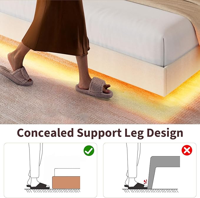 Garvee King Size Floating Bed Frame with RGB LED Lights and Charging Station, Upholstered Platform Bed with Storage Headboard and Button Tufted Design, No Box Spring Needed, Beige