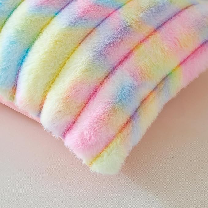 MEGO Fluffy Faux Rabbit Fur Body Pillow Cover, Luxury Plush Fuzzy Striped 20x54 Tie Dye Body Pillowcase Bedroom, Shaggy Furry Zippered Bedroom Long Pillow Case for Pregnant Women Side Sleeper, Rainbow