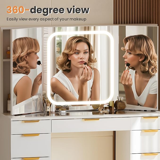 Pamapic Glass Top Vanity Desk with Foldable Mirror, 11 Drawers Makeup Vanity with LED Lighted Mirror, Power Outlet, 3 Lighting Modes Dressing Table with Golden Handles, White