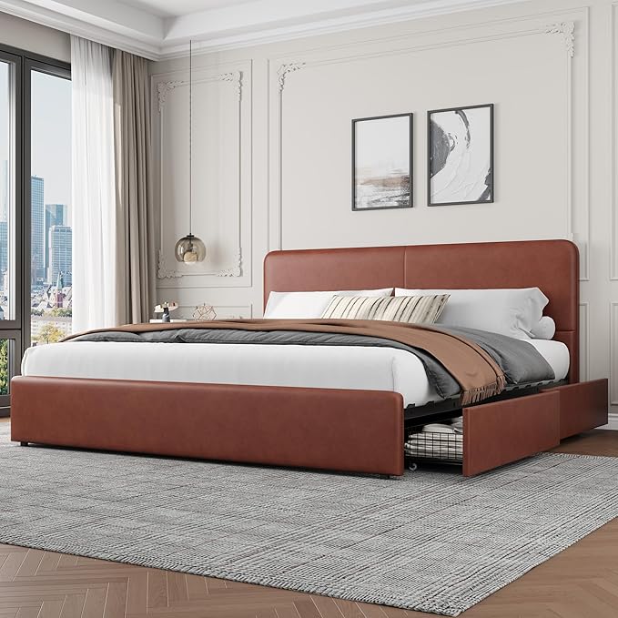 GarveeHome Modern Upholstered Platform Bed Frame with Headboard and Storage Drawers – PU Brown Faux Leather, Sturdy Wood Slats, Noise-Free, No Box Spring Needed, Easy Assembly – King Size, PU Brown