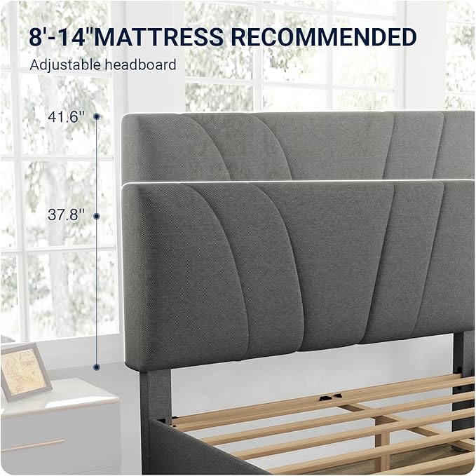 Avenco Full Bed Frame, Upholstered Platform Bed Frame with Adjustable Headboard, Wood Slat Support, Easy Assembly, No Box Spring Needed, Light Grey