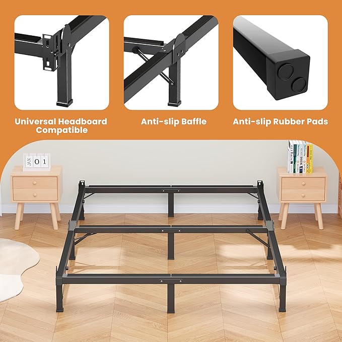 MAF Metal Bed Frame Queen 8 Inches, 9-Legs Support Bed Base, Queen Bed Frame for Box Spring and Mattress, Basics Bed Frame Headboard Attachable Tool-Free Easy Assembly, Black