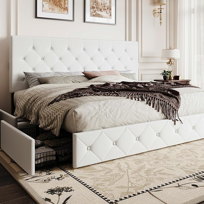 SHA CERLIN King Size Platform Bed Frame with 4 Oversized Storage Drawers, Adjustable Headboard with Velvet Upholstery, Diamond Button Tufted Design, Wooden Slat Support, No Box Spring Needed, White