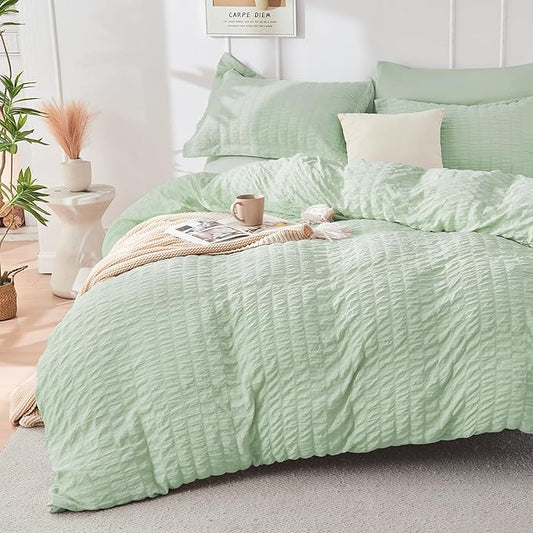 HYMOKEGE Light Green Duvet Cover Full Size, Ultra Soft 3-Piece Seersucker Duvet Cover Set with Zipper Closure, Soft Brushed Microfiber Bedding Set with 8 Corner Ties (80"x90", 2 Pillowshams)