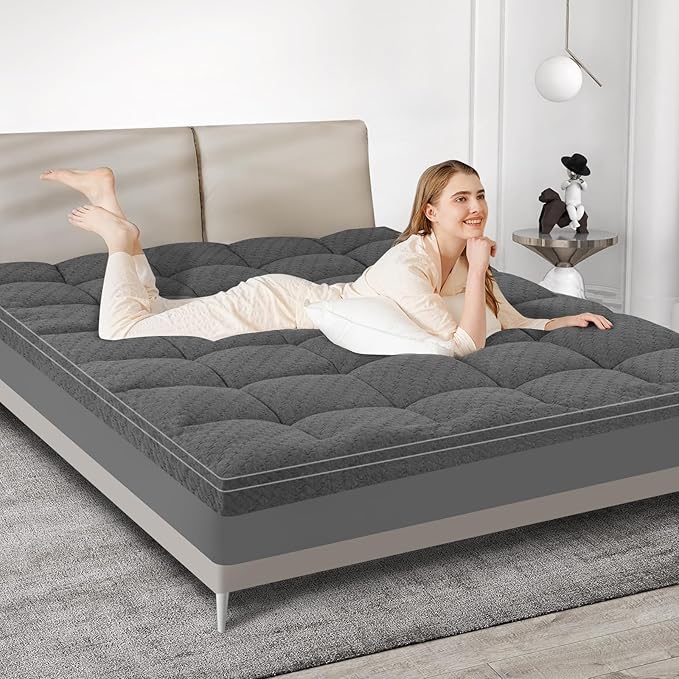 Dual Layer 3 Inch Memory Foam Mattress Topper Queen Size, 2 Inch Cooling Gel Memory Foam Plus 1 Inch PillowTop Mattress Pad Cover, with 8-21 Inch Deep Pocket, Grey