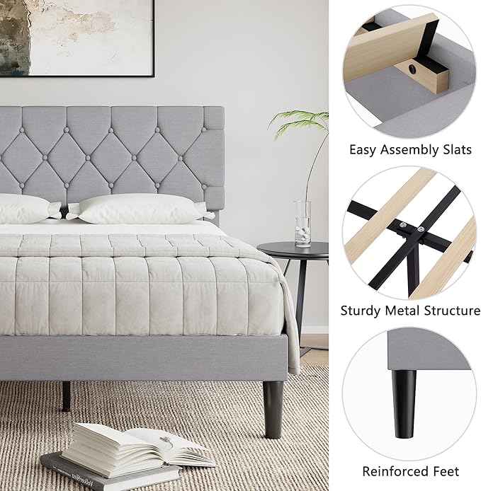 VECELO Queen Size Bed Frame with Button Tufted Headboard, Upholstered Platform Bedframe with Wood Slat Support, No Box Spring Needed, Velvet & White