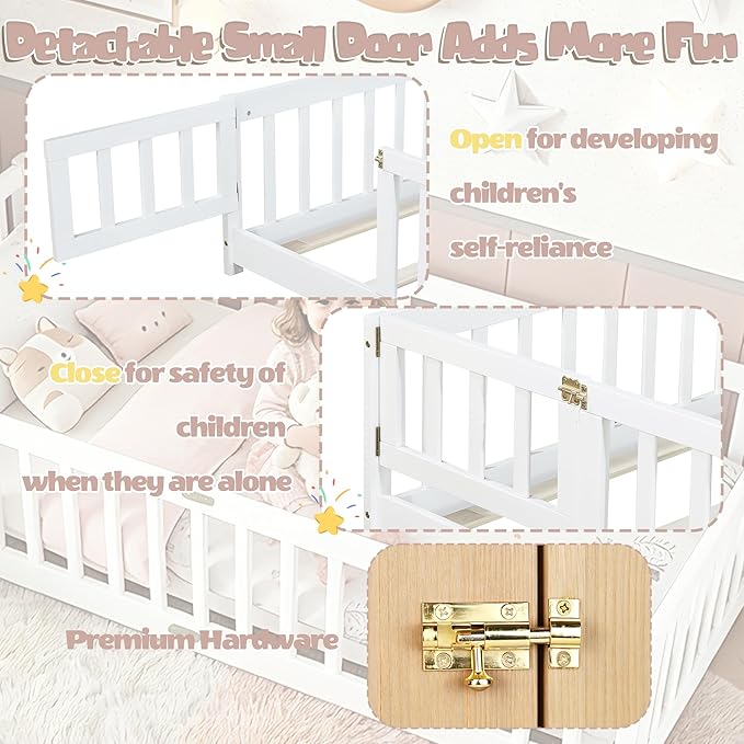 Bellemave Montessori Twin Floor Bed Frame with Fence and Removable Door, Low Profile Twin Size Montessori Bed Frame for Kids, Solid Wooden Floor Beds with Slats for Bedroom,Nursery, White