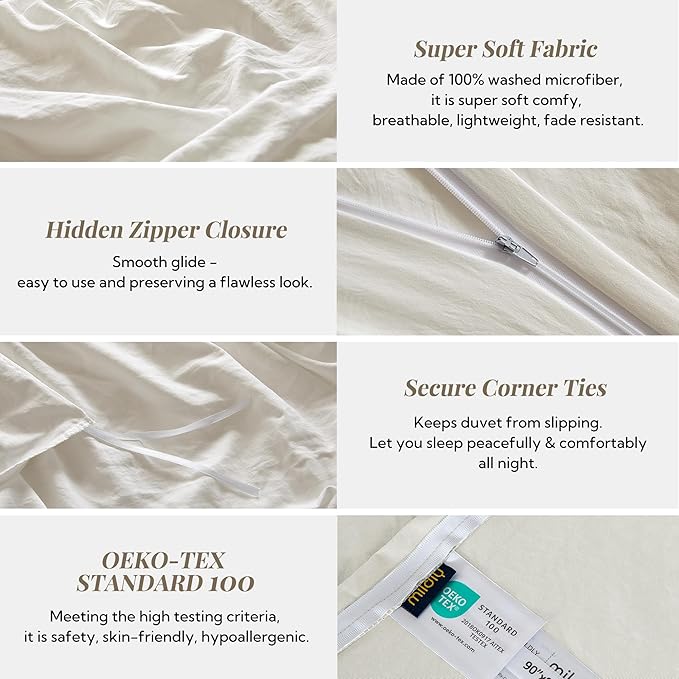 MILDLY Super Soft Duvet Cover - 100% Washed Microfiber Off White Twin/Twin XL Comforter Cover Set 2 Pieces with Zipper Closure & Corner Ties