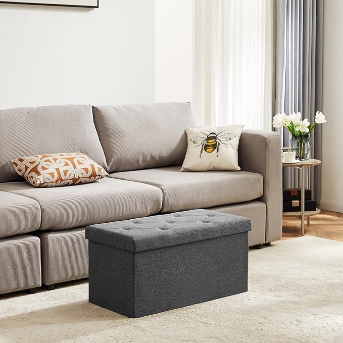 DUMOS 30 Inch Folding Storage Ottoman Bench, Large Hidden Storage Chest withThicker Foam Padded Seat, End of Bed Foot Rest Stool for Bedroom Living Room Entryway, Load 660 lbs, Grey
