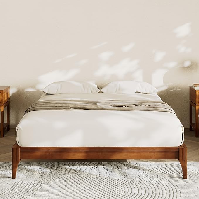 Merax Mid-Century Bamboo Platform Bed, Queen Size Bed Frame with Wood Slat Support, No Box Spring Needed, Easy Tool-Free Assembly, Brown