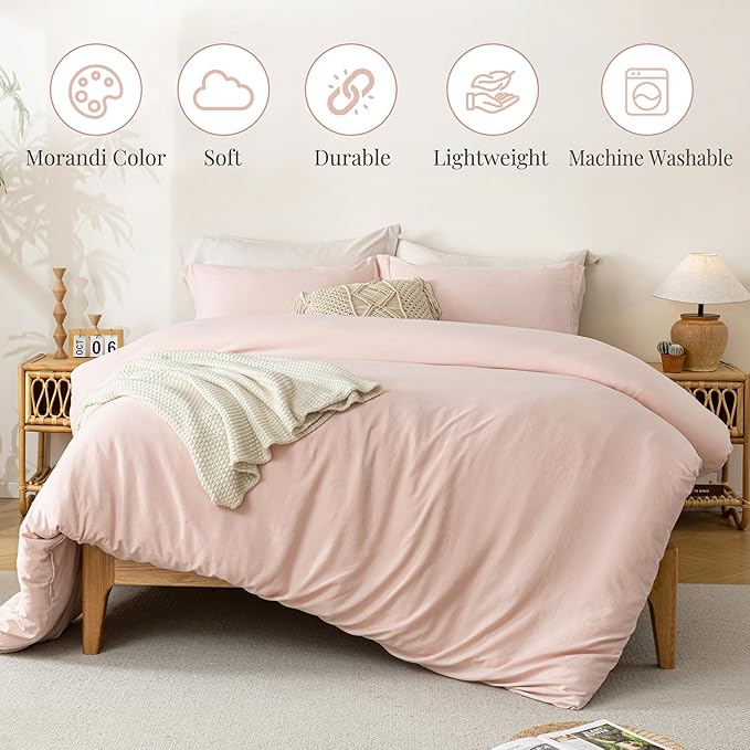 MILDLY Super Soft Duvet Cover - 100% Washed Microfiber Pink Comforter Cover Set 3 Pieces with Zipper Closure & Corner Ties (No Comforter)