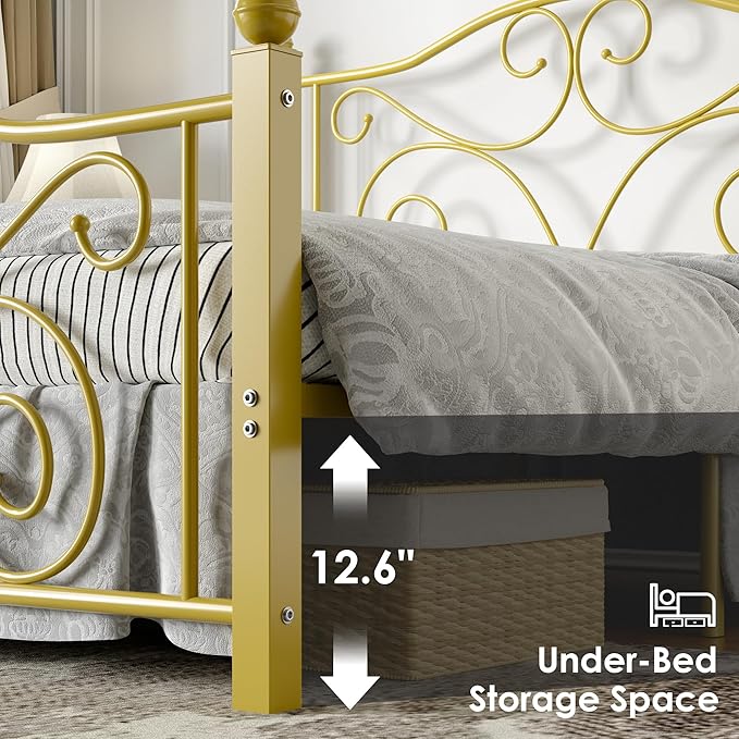 VECELO Queen Size Bed Frame with Headboard and Footboard, Heavy Duty Metal Slat Support, Platform Mattress Foundation, No Box Spring Needed, Easy Assembly, Gold