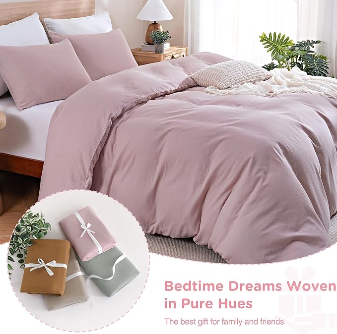 TOCOMOA Muslin Duvet Cover 100% Cotton Like Linen Texture Breathable Soft Comfy 3-Piece Pink Comforter Cover Bedding Set (Queen 90"x90", Comforter Not Included)