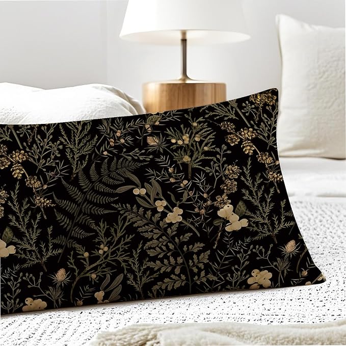 Moody Floral Botanical 20x54 Body Pillow Cover, Dark Aesthetic Room Decor, Rustic Dark Cottagecore Gold Plants Flower Botanical Decorative Long Body Pillow Cases for Bed Couch
