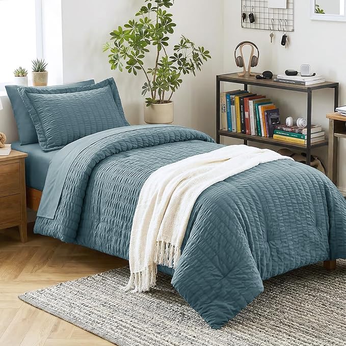 CozyLux Twin XL Comforter Set with Sheets Seersucker Mineral Blue 5 Pieces Bed in a Bag, Twin Extra Long Luxury Bedding Sets for College Dorm with Down Alternative Comforter, Sheets, Pillowcase & Sham
