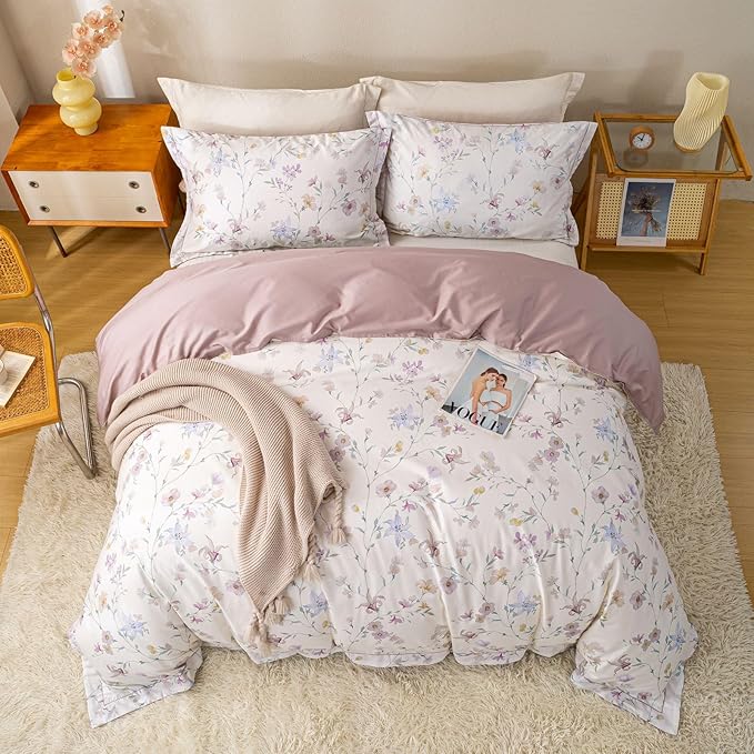 OAITE Duvet Cover Set Twin Size Floral Pattern Ultra Soft 100% Cotton Duvet Cover Sets 3-PC, Breathable Duvet Cover with Zipper Closure & Corner Ties(2 Pillow Shams,1 Duvet Cover)