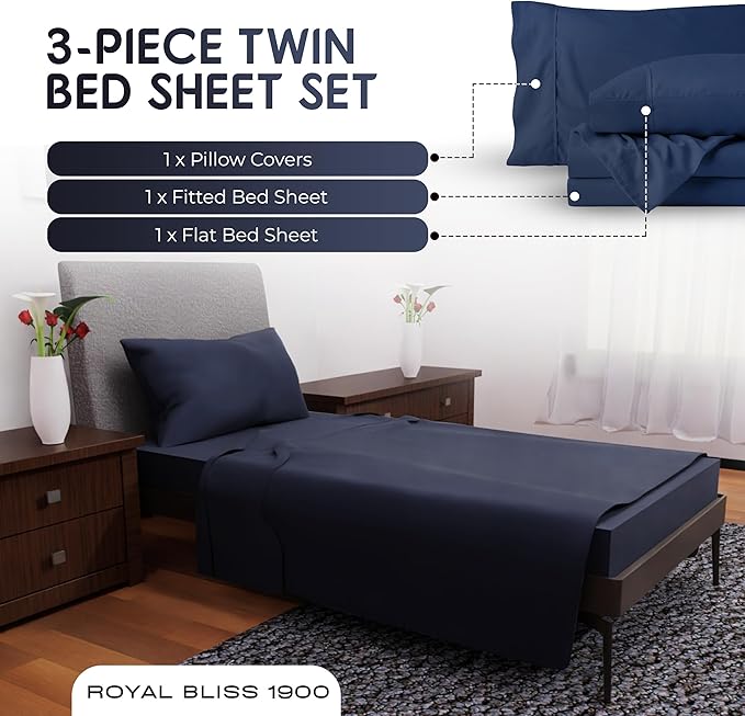 Twin Bed Set - 3Pc Set - Deep Pockets - Cooling Twin Size Sheets - Soft and Smooth Bed Sheet - Perfect Bedding for Any Bedroom (Navy Blue)