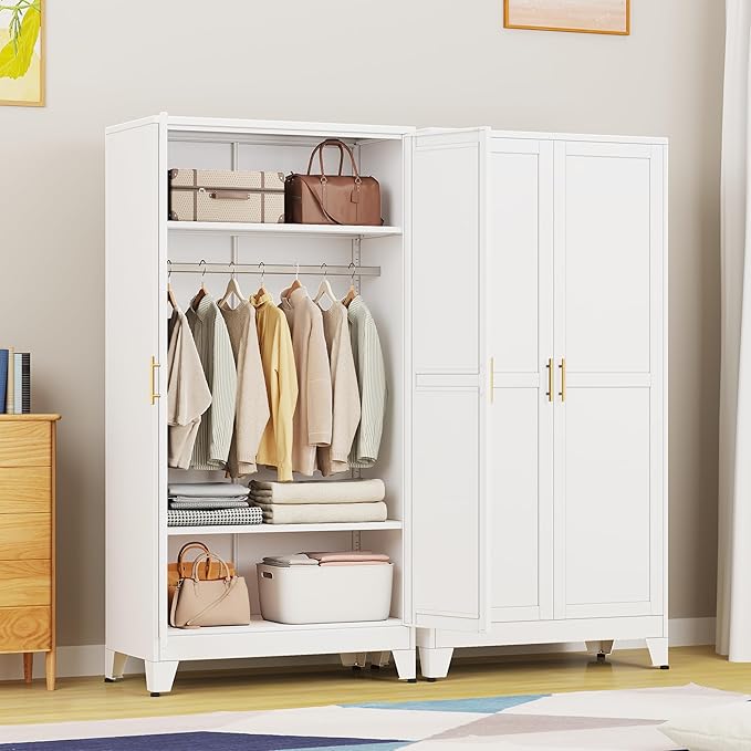 erosoei 71 "Metal Armoire Wardrobe Closet, Steel Clothing Storage Cabinet with Adjustable Shelves and Hanging Rod, Household Steel Wardrobe Storage Cabinet with Adjustable Standing feet (White)