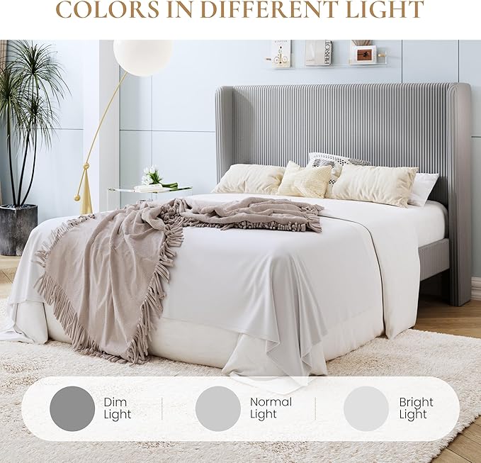 SHA CERLIN Queen Size Corduroy Upholstered Platform Bed Frame with Vertical Channel Tufted Wingback Headboard, 8" Under Bed Storage, Wooden Slats & Metal Frame Support, Easy Assembly, Light Grey