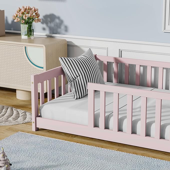 Bellemave Twin Floor Bed with Slats and Safety Guardrails, Twin Size Montessori Floor Bed with Fence and Without Door, Easy Assemble Montessori Beds Frame for Girls, Boys, Pink