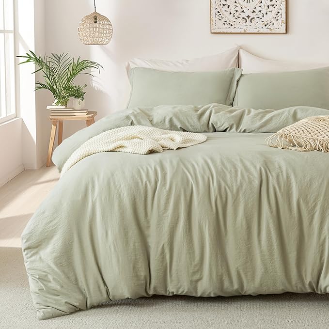 MILDLY Super Soft Duvet Cover - 100% Washed Microfiber October Mist Sage Comforter Cover Set 3 Pieces with Zipper Closure & Corner Ties (No Comforter)